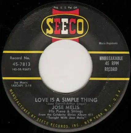 José Melis, His Piano And Strings - Curacao / Love Is A Simple Thing