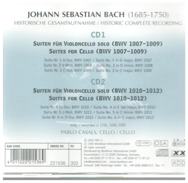 Cello Suites By Johann Sebastian Bach Pablo Casals Cd X 2 With Recordsale Ref1803550734 1851