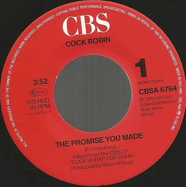 The Promise You Made De Cock Robin 45 Rpm X 1 Con Recordsale Ref 