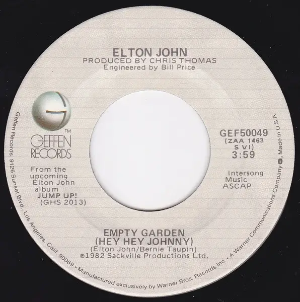 Empty Garden Hey Hey Johnny By Elton John 7inch X 1 With