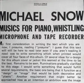 Michael Snow - Musics For Piano, Whistling, Microphone And Tape Recorder